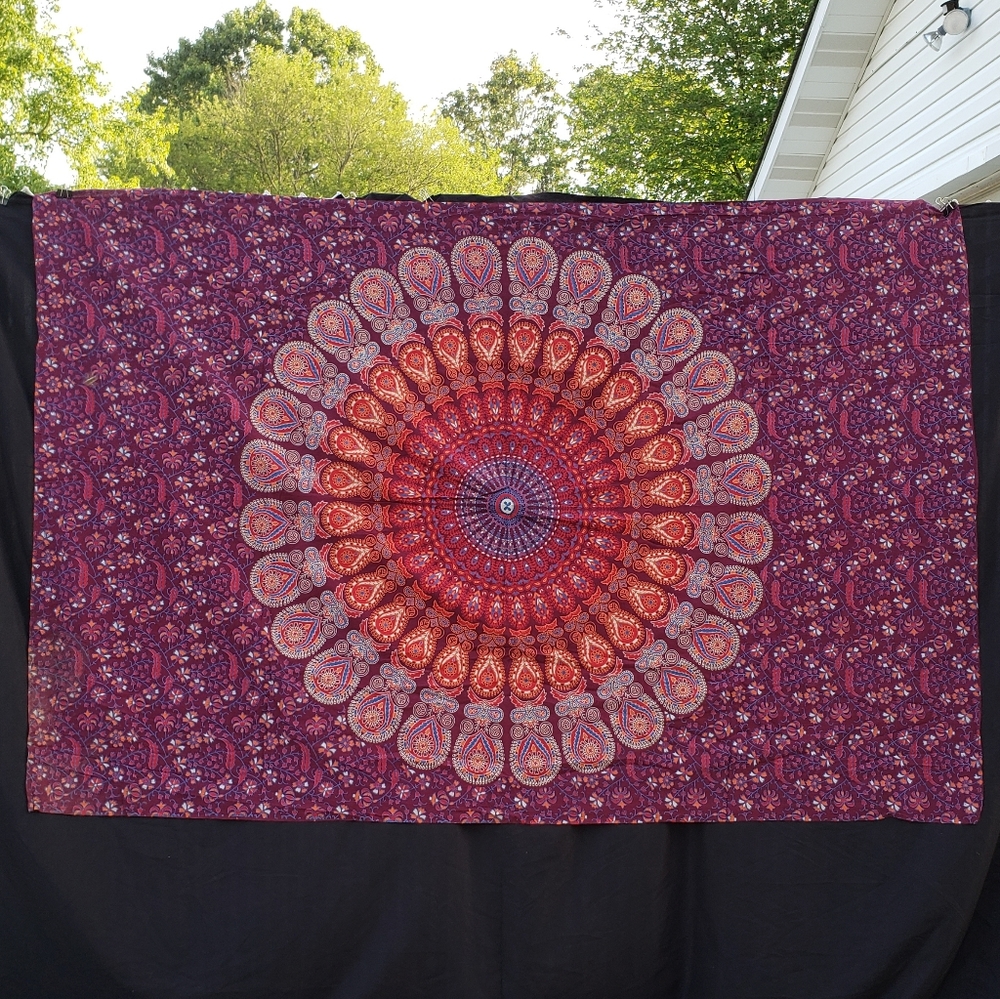 Maroon Peacock Feather Mandala Tapestry Art